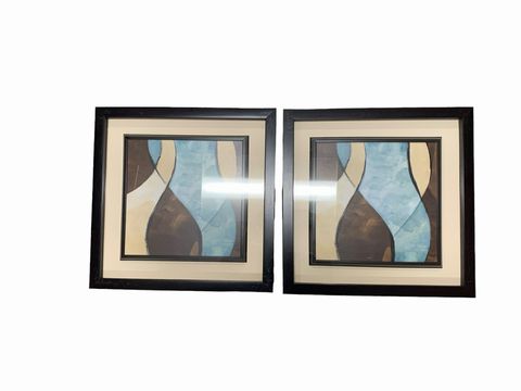 PAIR of blue/brown abstract prints in black frames, 16.5x16.5"