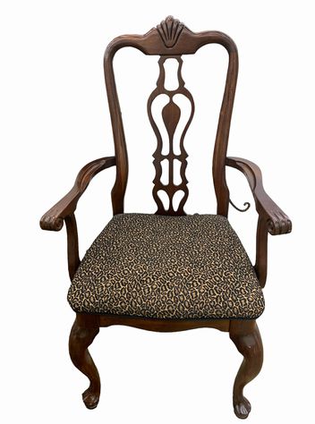 Vintage mahogany Queen Anne-style armchair w/ leopard-print seat, 19.5x17.25x41"