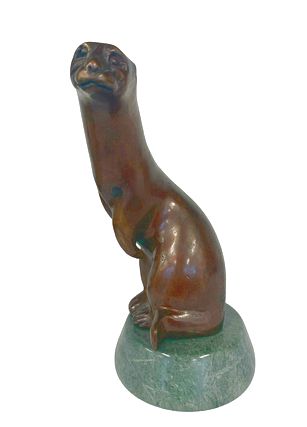 Bronze otter on green marble base, 8" h