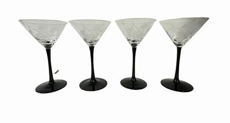 Set of 4 etched martini glasses w/ black stems, signed, 7.5" h