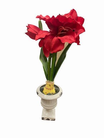 Faux amaryllis in pedestal urn, 24"H