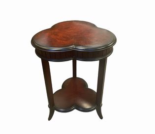 Small dark wood cloverleaf side table w/ undershelf, 18.5" diam., 26" h