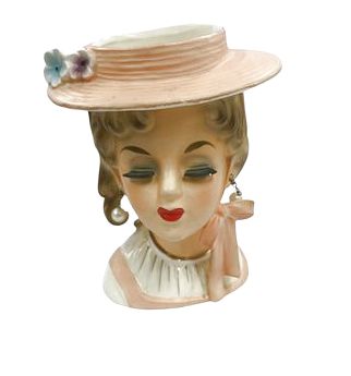 Lady Head Vase Pink Hat With Blue & Purple Flowers 5"