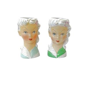 PAIR- Rare 1950's Lime Green White Hair Head Vases 6"