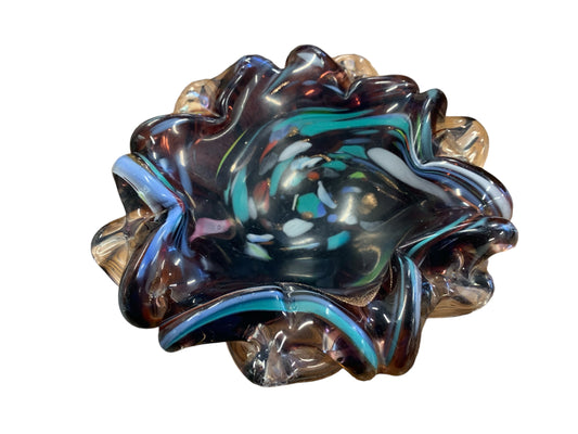 Mid century Murano-style glass ruffled bowl ashtray, 6.25" diam., 2" h