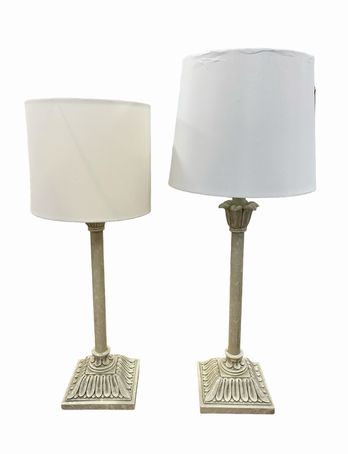PAIR of  ivory candlestick lamps w/ ivory shades, 24", 27" h