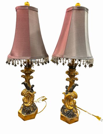 PAIR of gold rococo lamps w/ gray beaded shades, 28.5" h